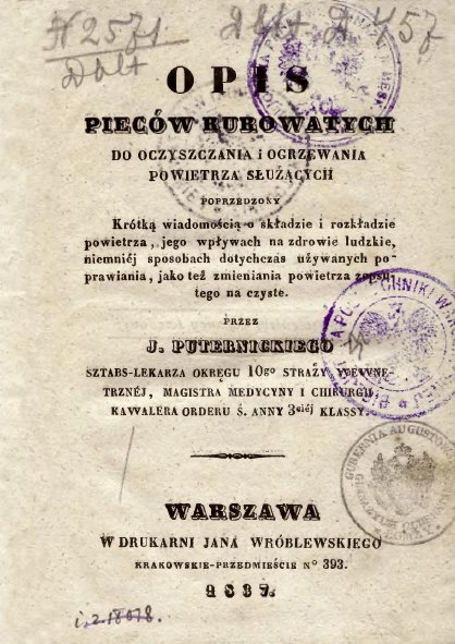 Książka Puternicki, Opis pieców rurowatych do oczyszczania i ogrzewania powietrza służących, 1837 r.